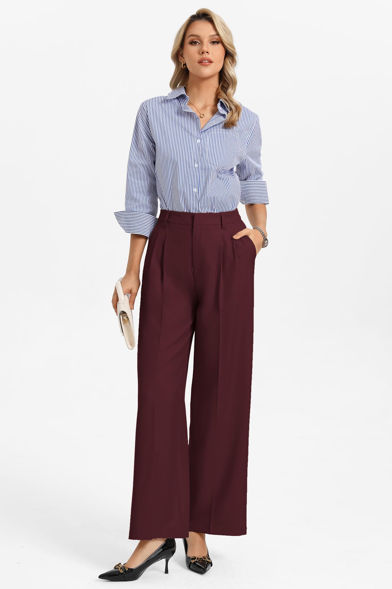 GRACE KARIN Pantaloni da Donna Eleganti, Casual, a Gamba Larga, con Tasche, Elastico in Vita Alta