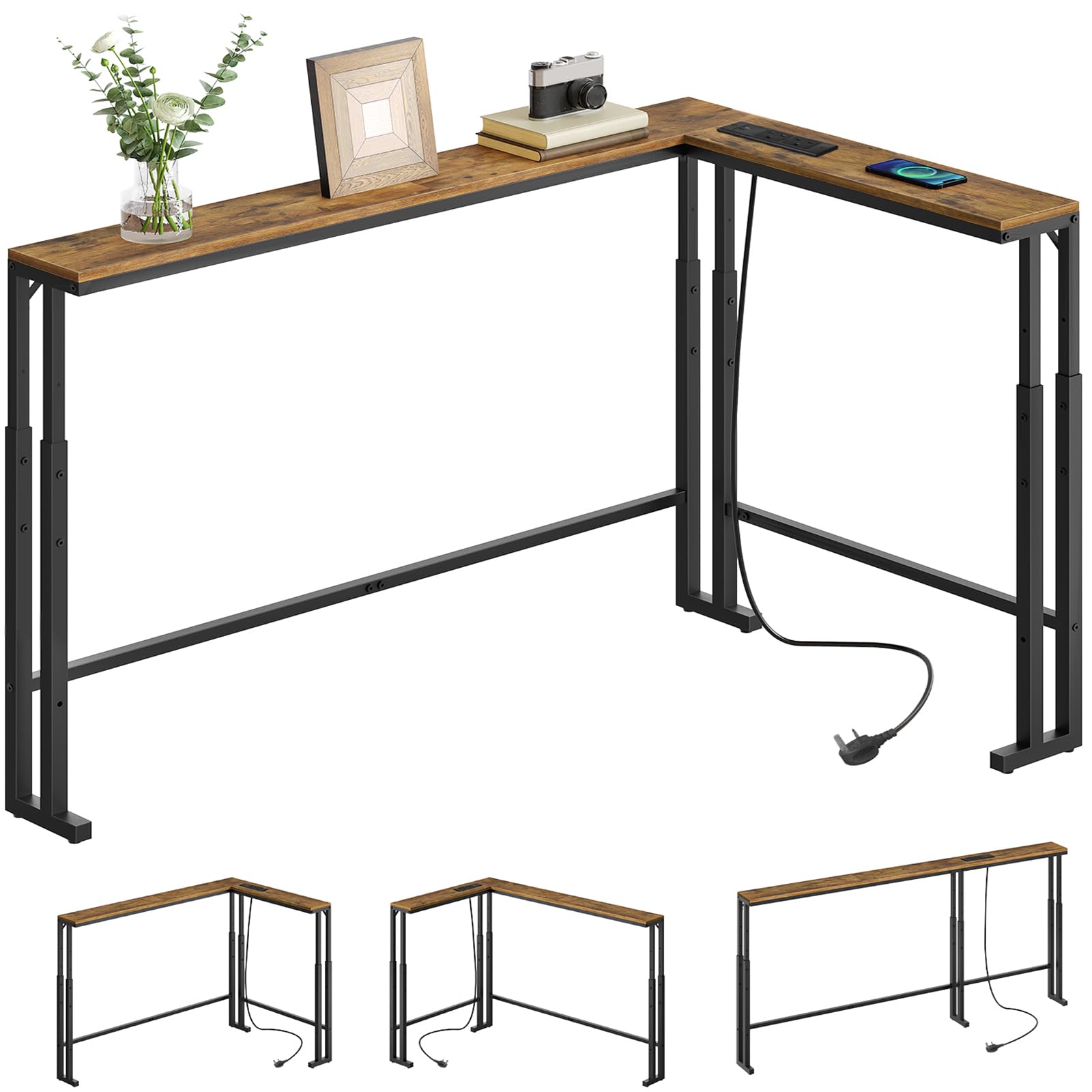 YATINEY L Shaped Console Table with Power Outlet and Adjustable Height