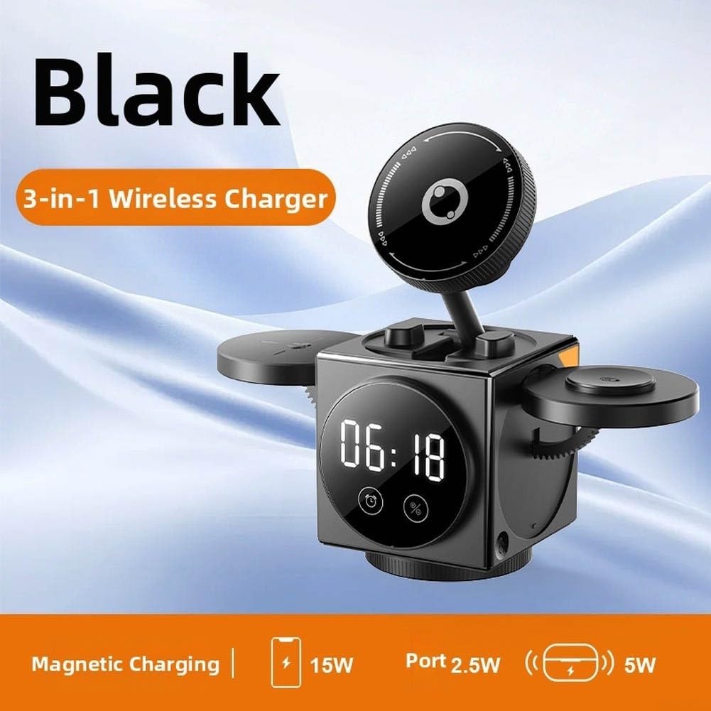 Cargador inalámbrico 3 en 1 para, estación de carga magnética de 15 W con soporte de luz de reloj para auriculares de reloj de teléfono uso simultáneo (gris oscuro)
