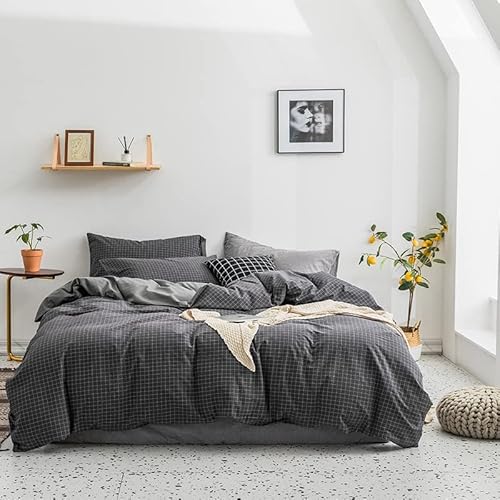 NSNLGSGC 布団カバー ダブル 4点セット 布団かばー ベットカバー ベッド用 ダークグレー チェック 柄 韓国 洋式 和式兼用 洗い替え速乾タイプ 防ダニ