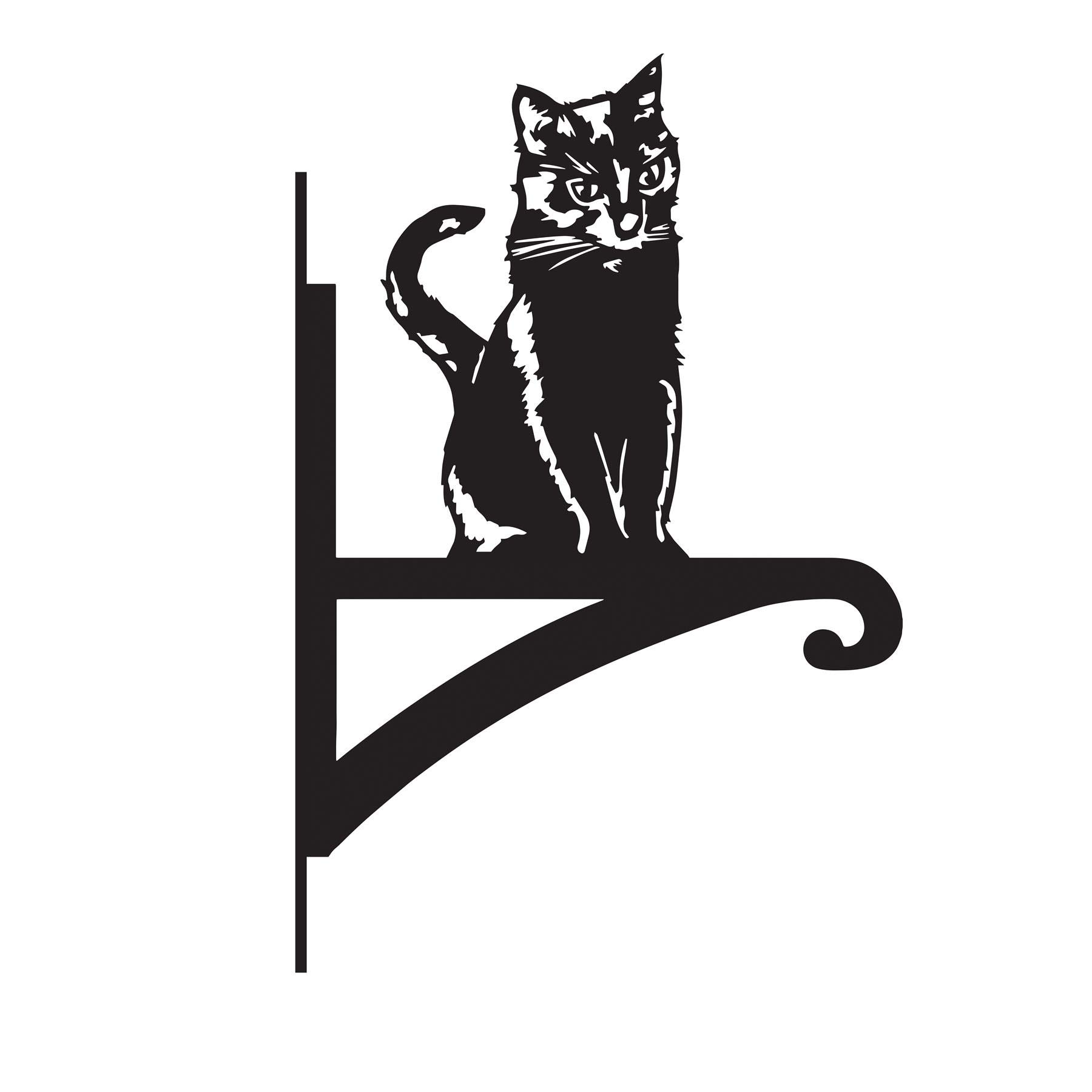 Black Steel Sitting Cat Hanging Basket Bracket - Wall Mounted Garden Plant Hook for Outdoor Baskets, Decorative Heavy Duty Garden Wall Hook