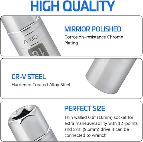 Miniatura 16 de Bujía magnética de pared delgada de 0.55 pulgadas de 3/8 pulgadas, enchufe de bujía de 12 puntos compatible con motocicleta, automóvil, SUV, BMW