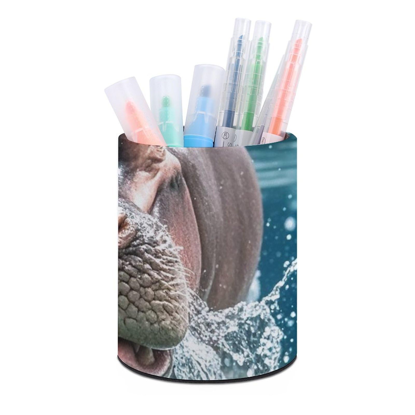 FekiLoot PU Leather Round Pen Holder Diving Hippo Pencil Holder Desk Organizer Pen Organizer Pen Cup Pencil Cup Caddy Desktop Stationery Organizers for Office Home Supplies