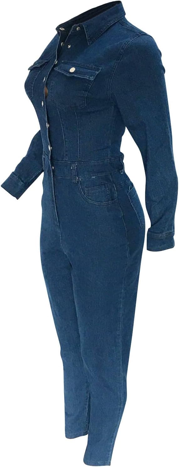 Long Sleeve Coveralls for Women Fall Summer Neck Denim Slim Tunic Cowgirl Coveralls Unitard Women 2024 Trendy