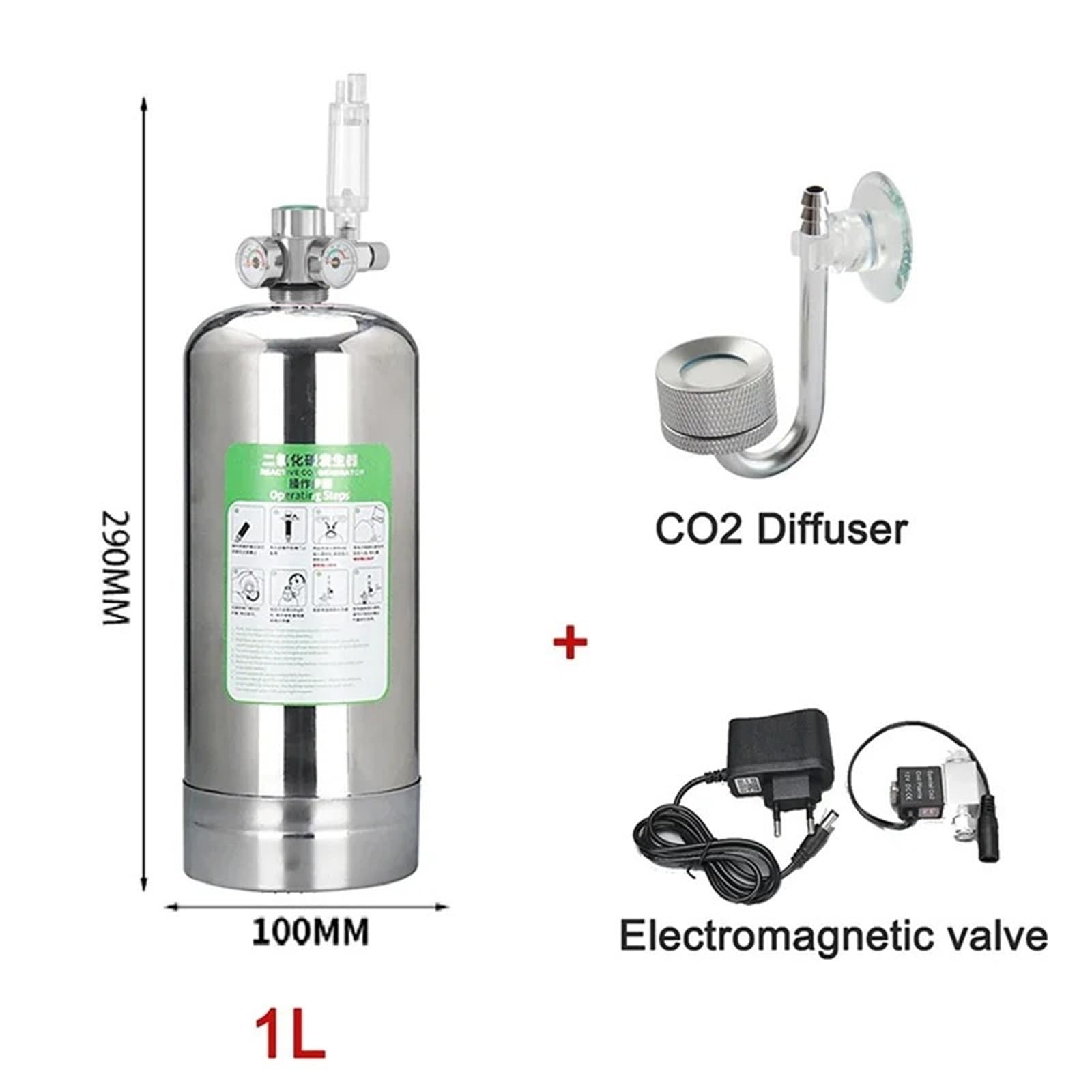 Generatore di CO2 for Acquario con valvola solenoide, diffusore Bolle in Acciaio Inossidabile, Sistema for for Piante acquatiche(1L Set,US Plug 110V)