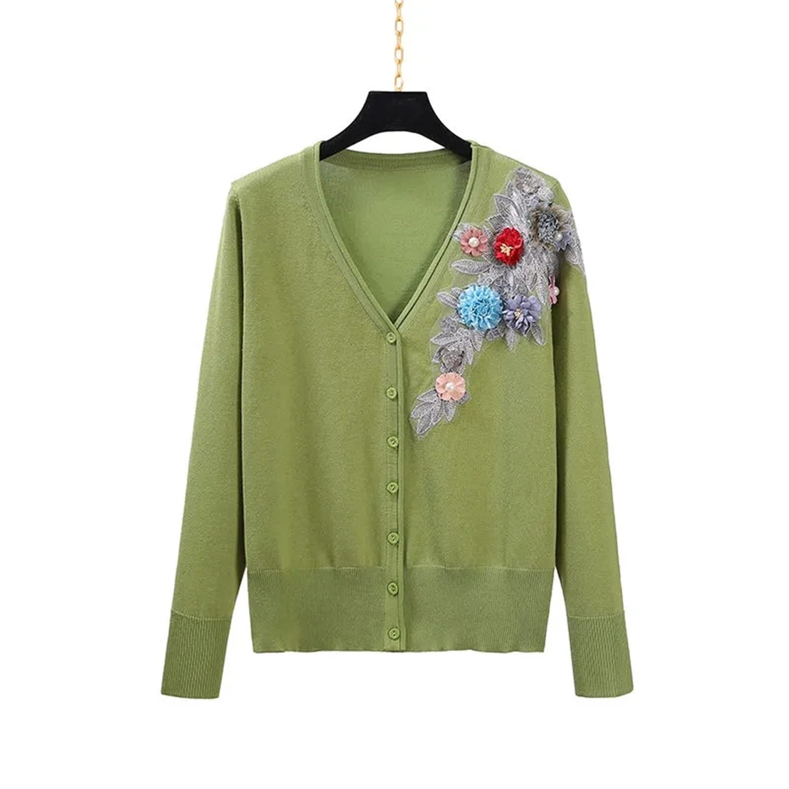 KSFBHC Embroidery Beading Floral Cardigan Women Sweater V-Neck Knitted Long  Sleeve Tops Spring (Color : Green 2, Size : XL(59-65kg)) : Amazon.co.uk:  Fashion