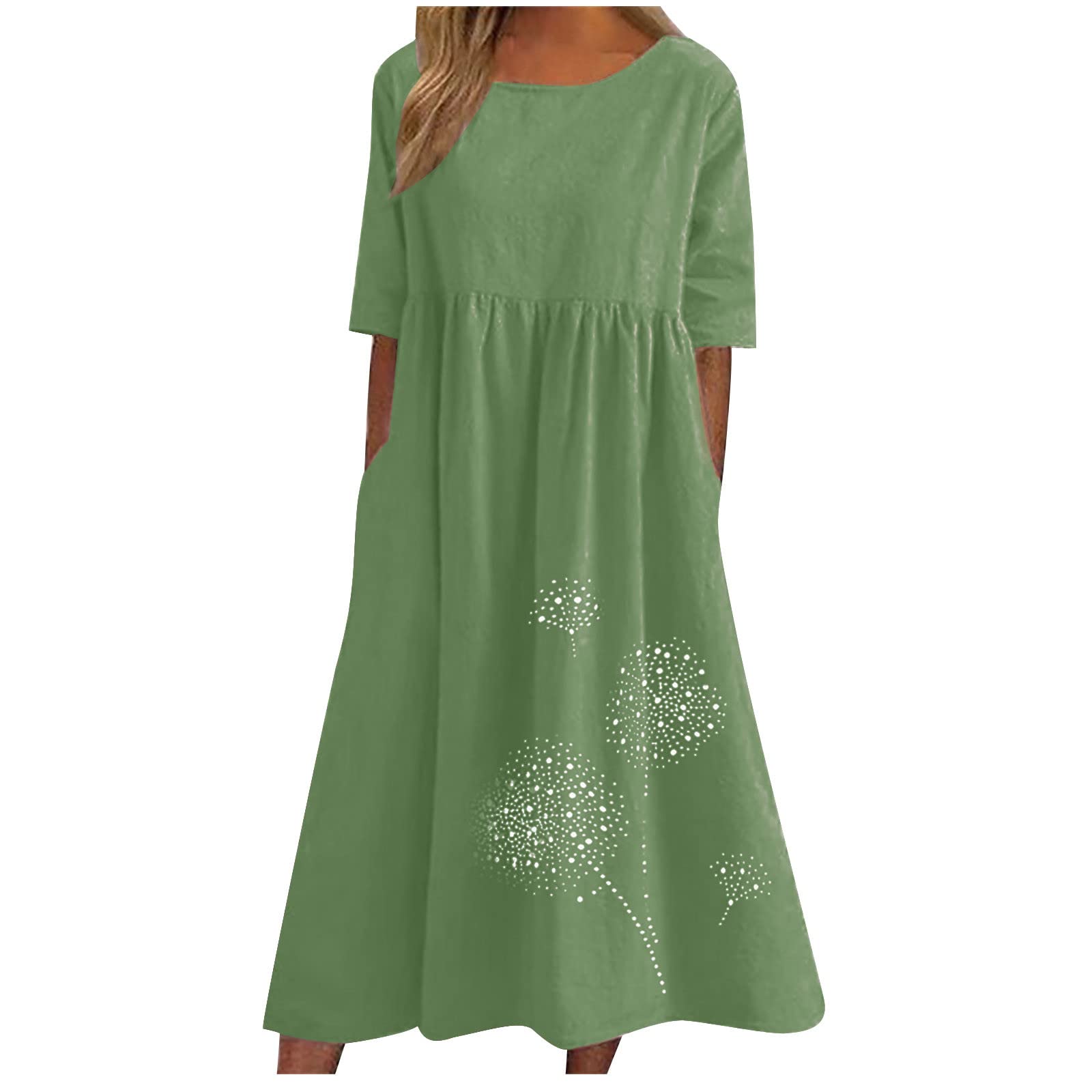 ZeiayuasCotton Linen Dresses for Women T Shirts Summer Midi Dress Short Sleeve Round Neck Long Dress Ladies Beach Loose Solid Color Casual Dresses UK Plus Size 8-22