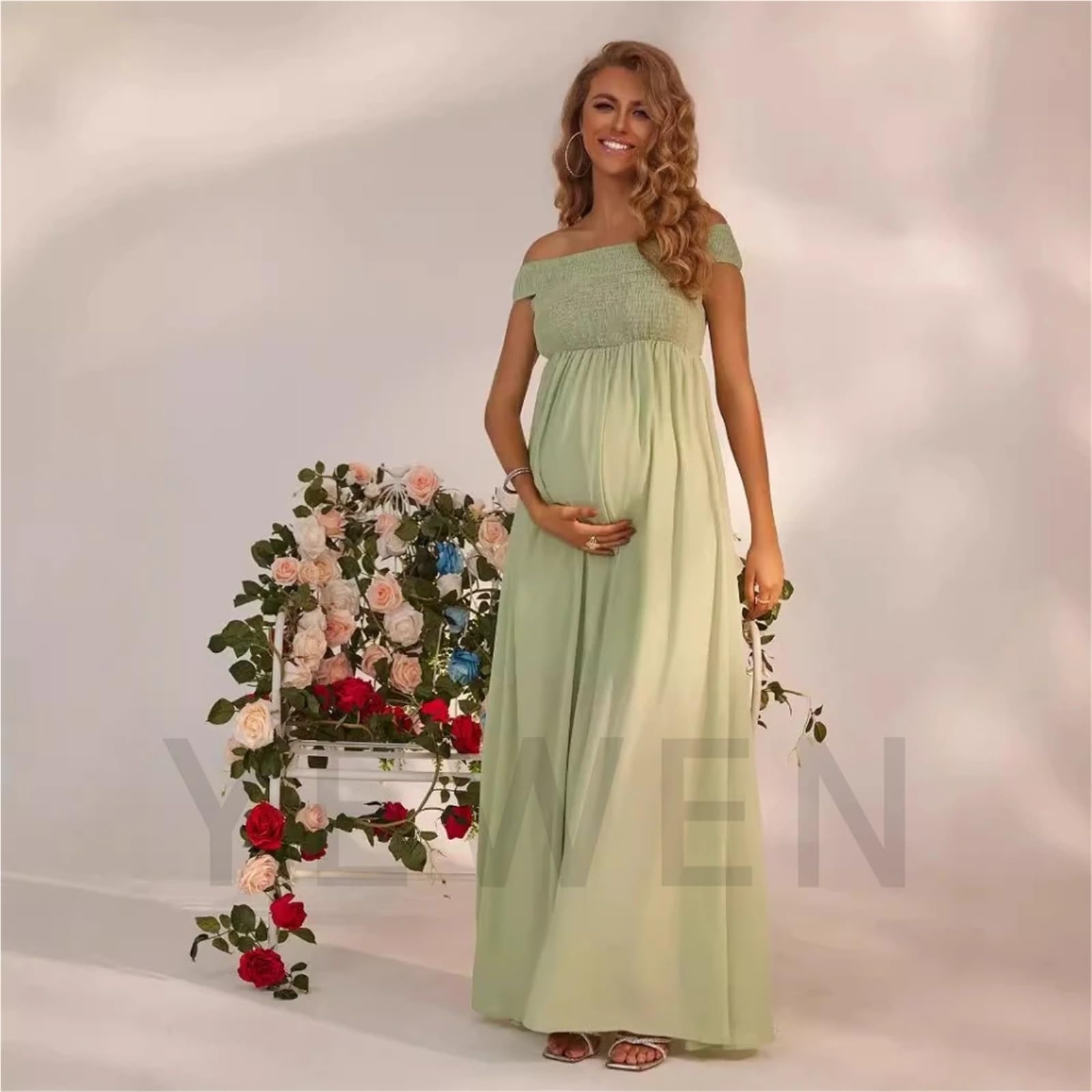 Vestido de Embarazo Elegante Vestido de Maternidad Verde, con Hombros Descubiertos, Volantes, Cintura Alta, Color Liso, Largo, for Embarazadas
