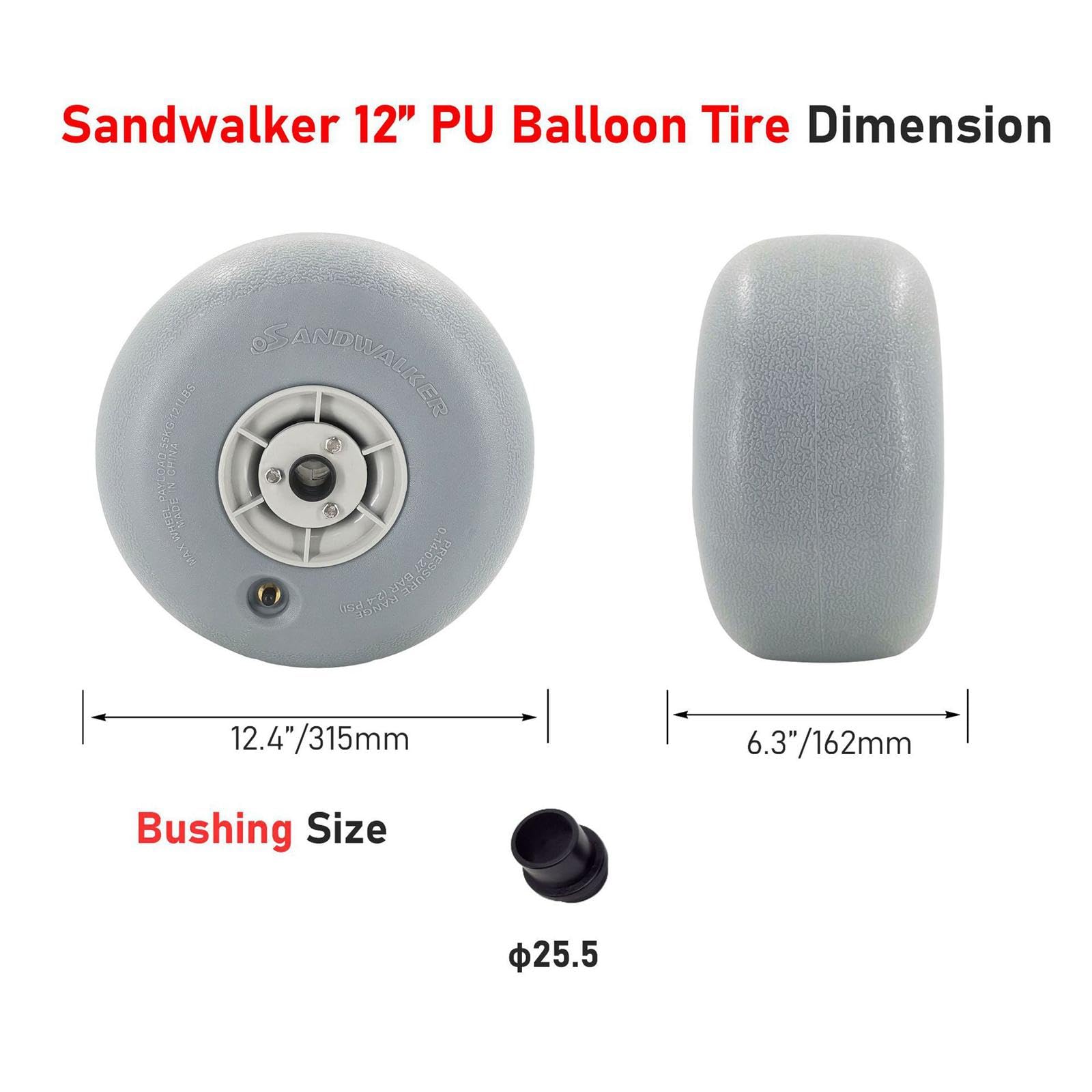 Roues Gonflables pour Chariot de Plage, Capacité de élevée de 80 Kg, et Robustes. Accessoires pour Chariot de Plage, Arbre de 25.5 Mm