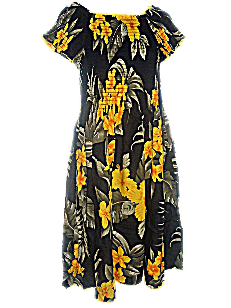 Plus Size Hawaiian Yellow Flowers Floral Black Cap Sleeve Sun Dress- ONE Size (XL-2X)