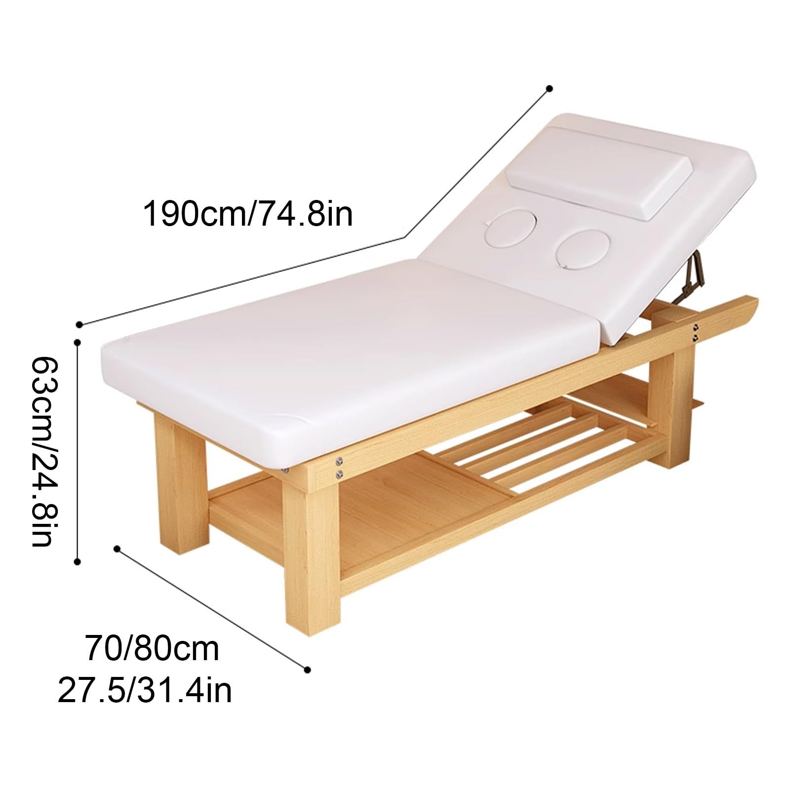 Stationäre Massageliege mit 40° Verstellbarer Rückenlehne, Kosmetikliege aus Massivholz for Kosmetikstudios, Friseursalons und SPA, Abnehmbare Kopfstütze und Handgriffe