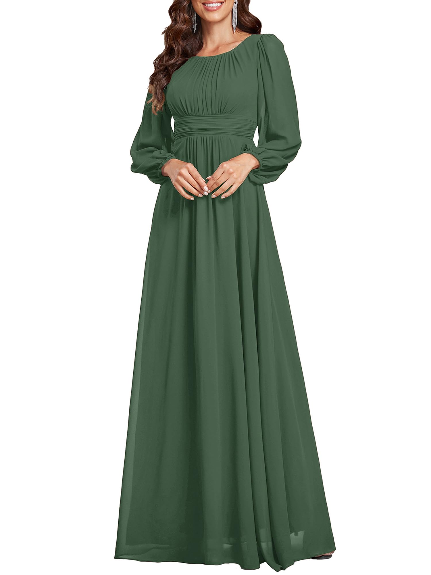 Ever-Pretty Robe Demoiselle d'honneur Femme Longue Manches Longues Col Rond Mousseline Chic Vert Eucalyptus 52