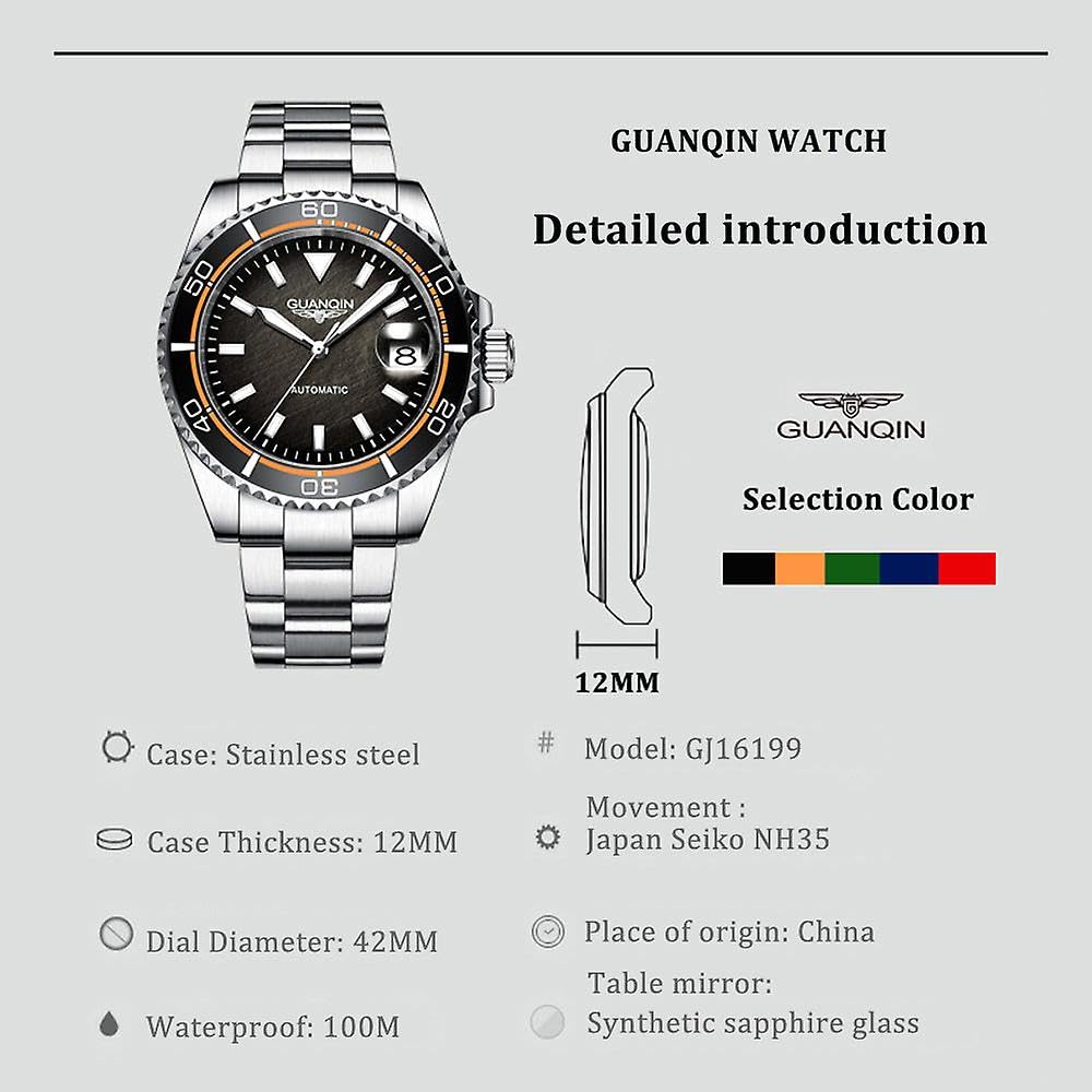 Guanqin Automatische mechanische Uhr Nh35a Herrenuhr Saphir Mode Sportuhr Edelstahl Wasserdicht Leuchtend 2022 Neu
