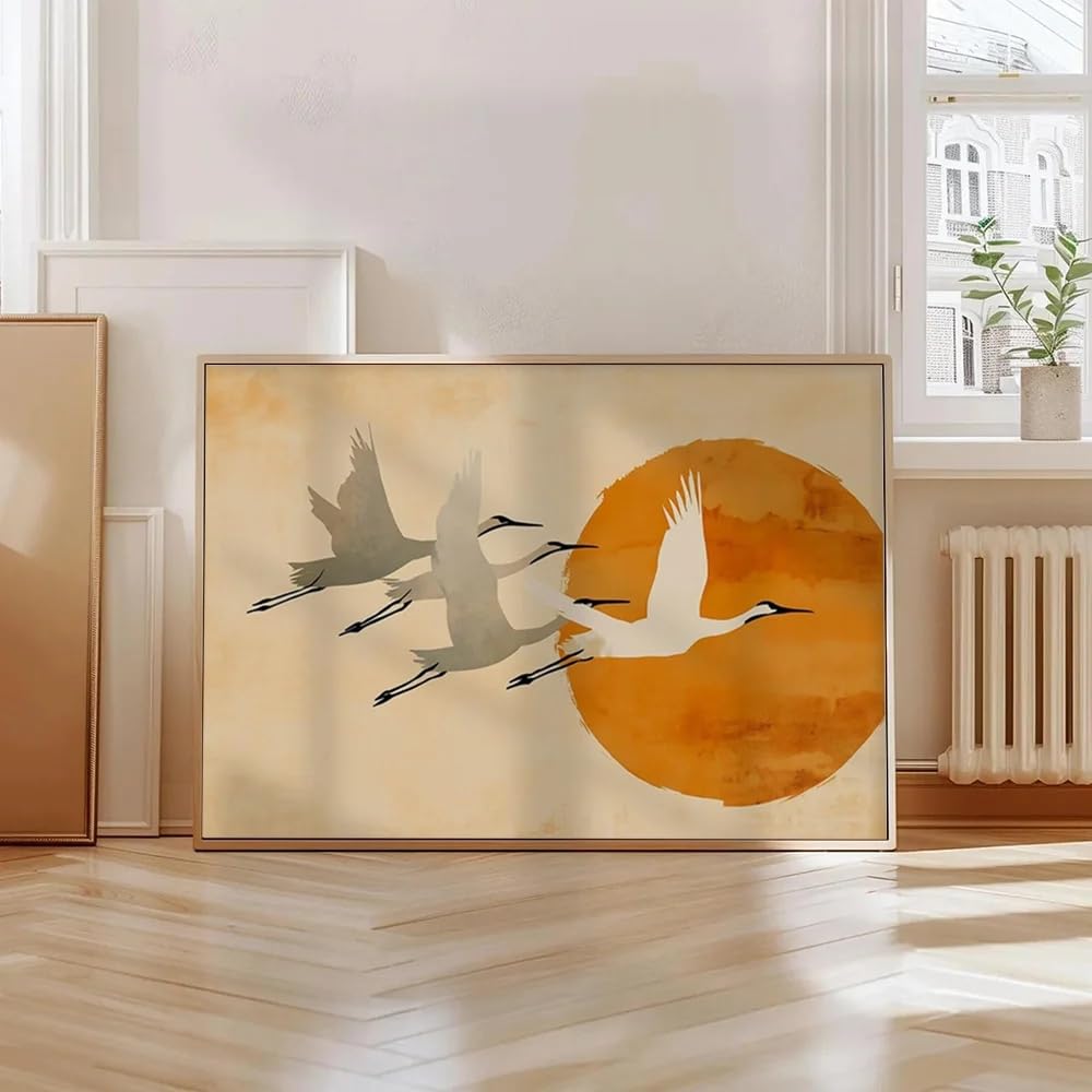 LTjiajuypd Canvas Print Birds In Flight Wall Art Orange Sun Watercolor Sky Silhouette For Living Room Office Decor(70x110cm/Frameless)