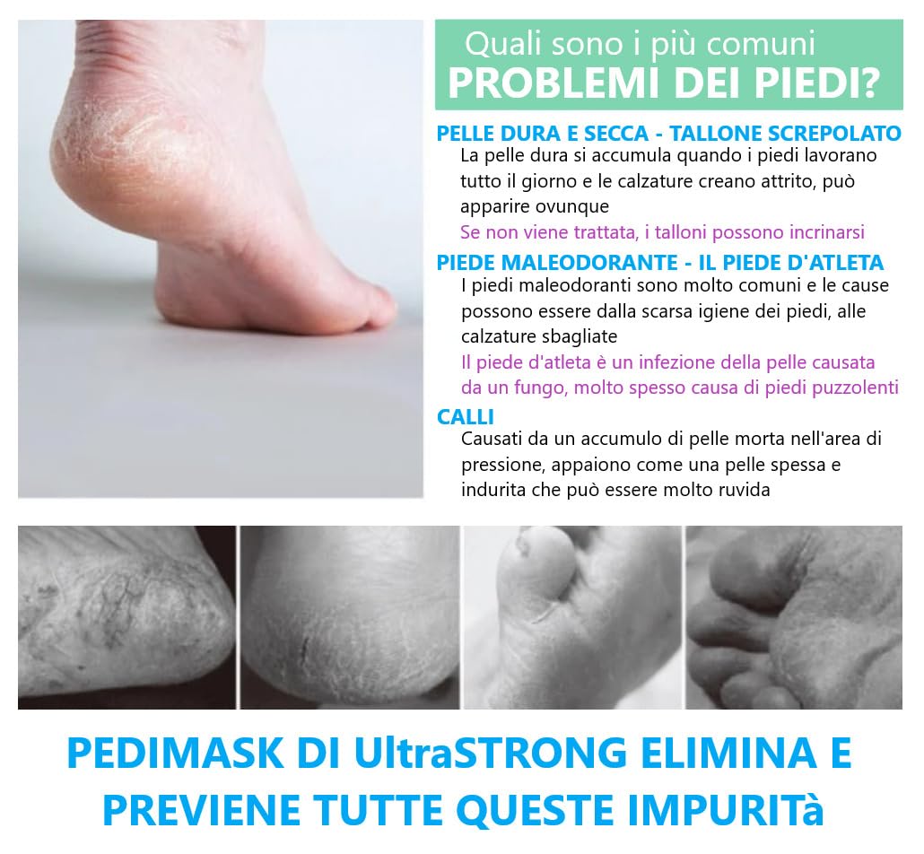 Maschera Piedi ESFOLIANTE e IDRATANTE UltraSTRONG IT - Pedimask TOP - Rimuovere Calli e Pelle Morta piedi - impurità dalla pelle - pulizia profonda esfoliante piedi - Dermatologicamente testato (ALOE)