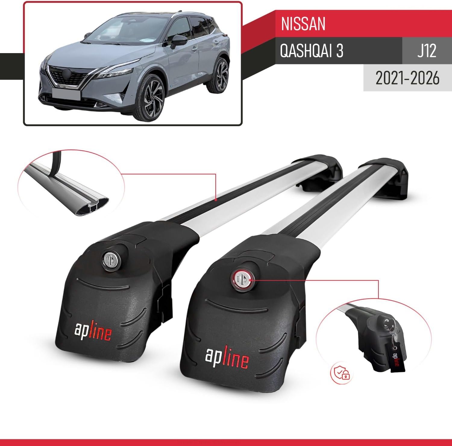 Compatible with Nissan Qashqai 3 (J12) 2021-2026 ACE-2 Type Car Roof Rack Cross Bar Grey Aluminium Bars