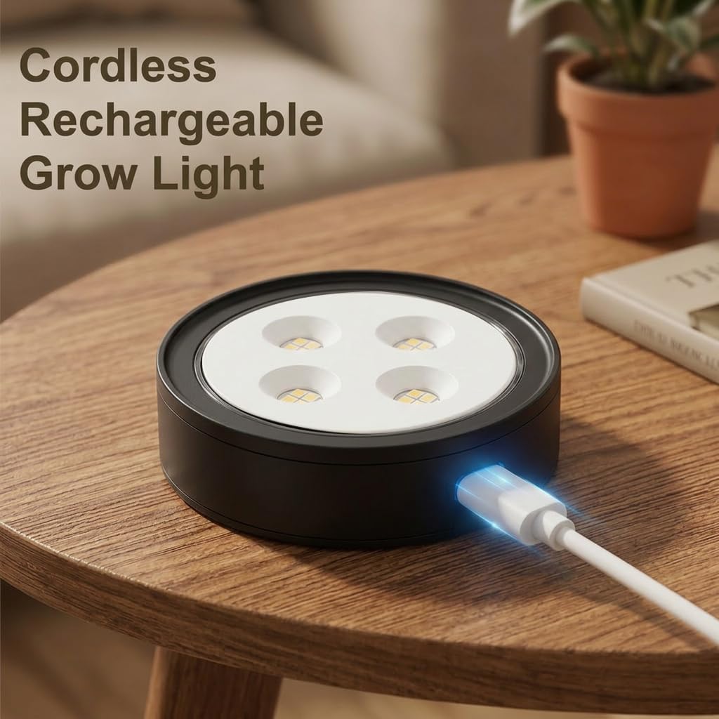 Paquete de 2 luces de cultivo recargables, LED de espectro completo inalámbrico para plantas de interior, montaje magnético, temporizador y control remoto, USB-C de 2000 mAh para estantes