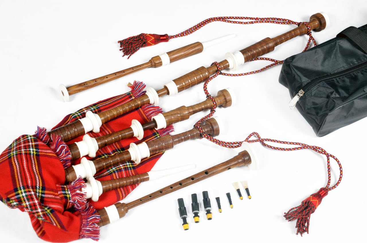 Cornamusa Great Highland in legno naturale di cobolo con supporti in finto avorio e corda di copertura tartan, per studenti, kit completo per principianti (lingua italiana non garantita),
