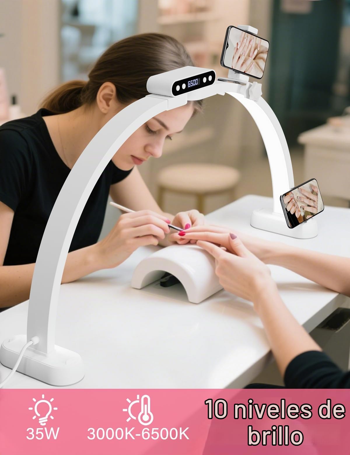 LANMOU Lámpara Media Luna LED 74 cm Regulable para Uñas y Pestañas | 35 W, 2800 LM, 3000-6500 K, Soporte Móvil y mando, Lámpara de Mesa para Manicura, Pestañas, Tatuajes y Video
