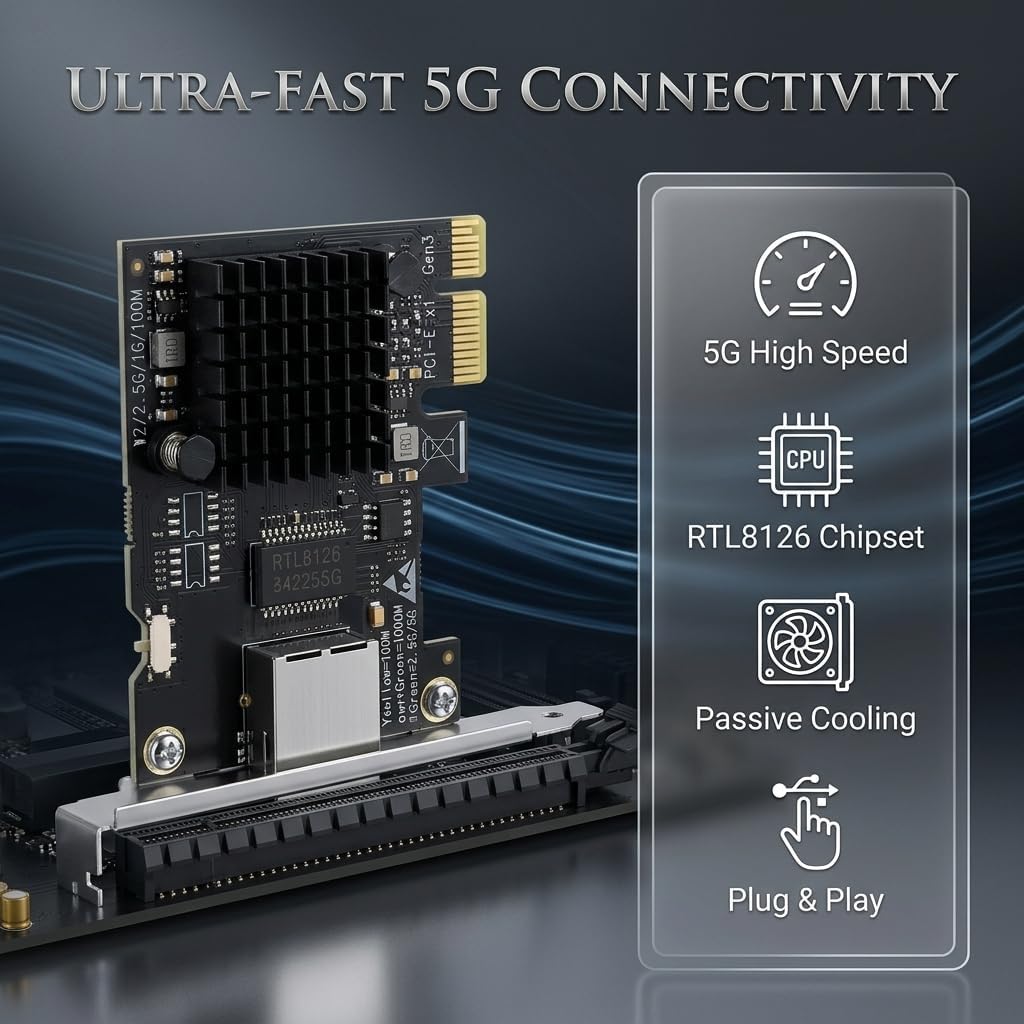 5Gb PCIe Network Card, 5G NIC PCI Express Ethernet Adapter with RTL8126, Support WOL, RJ45 LAN Controller with PXE Boot，5G/2.5G/1G/100Mbps NIC Card RJ45 Port for PC Windows/Linux OS