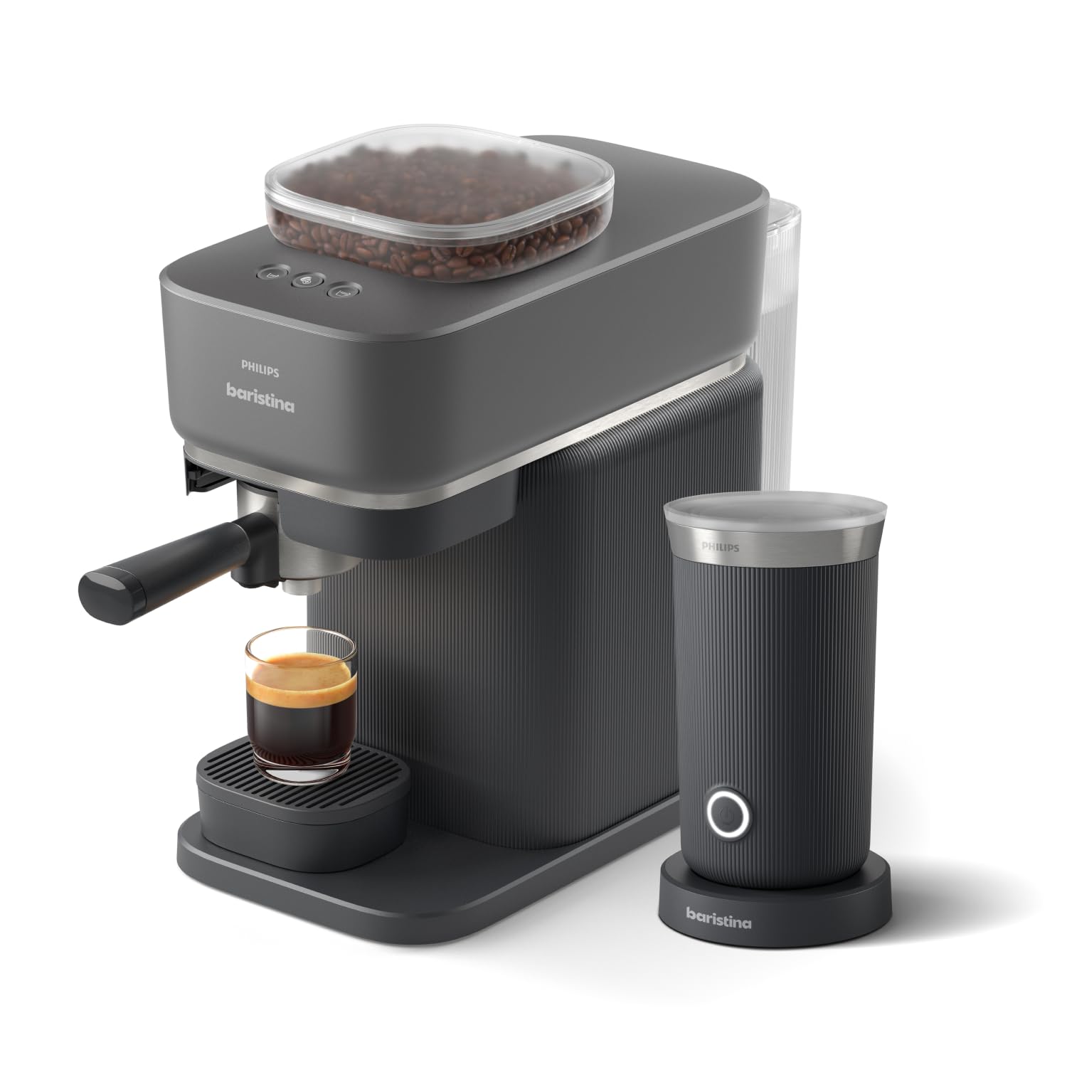 PHILIPS Baristina Cafetera Espresso Espumador de Leche, Molienda, Prensado y Preparación Automáticos, 16 Bares, Tamaño Compacto, Negro con Portafiltro Negro, Cafetera con Molinillo BAR308/60