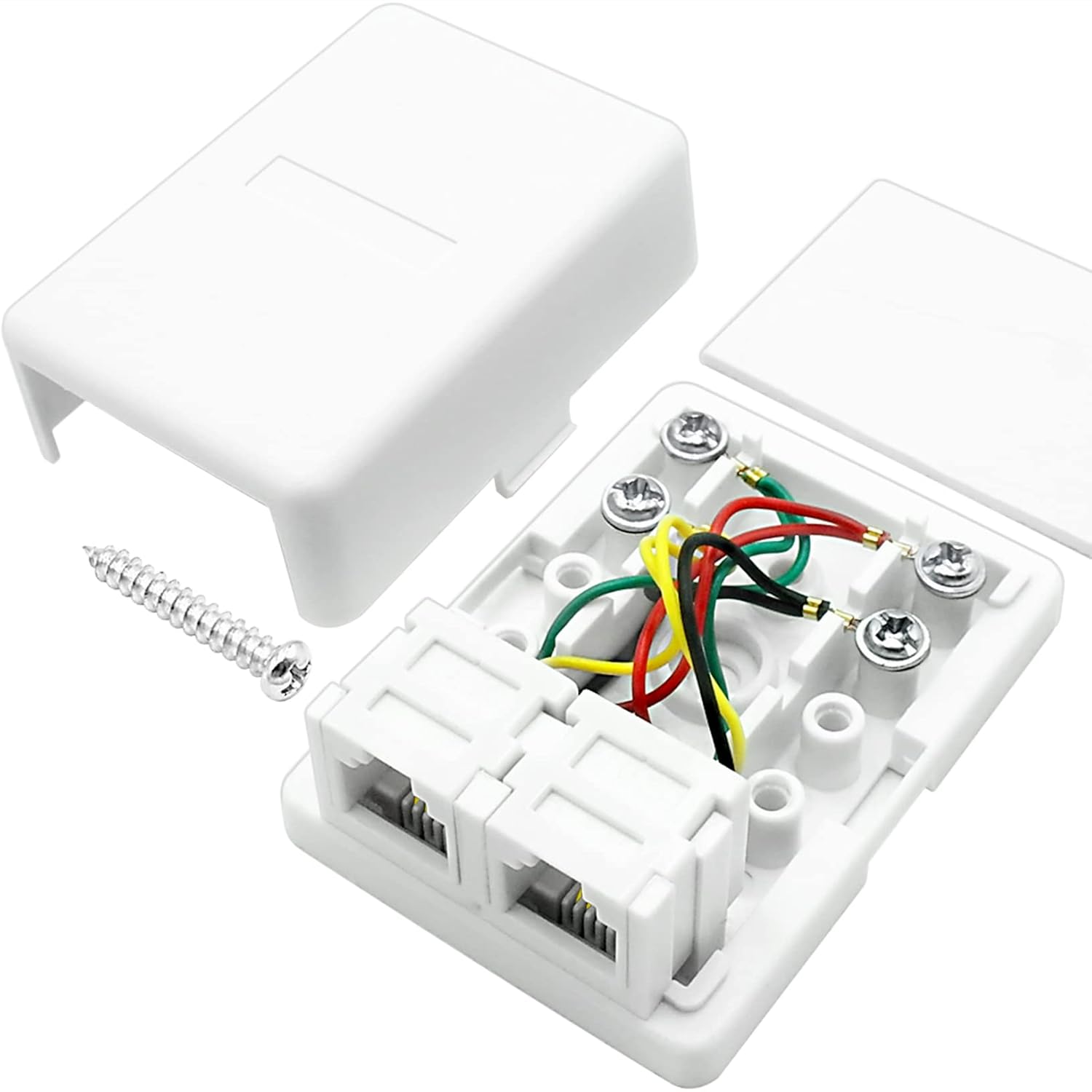 NECABLES Phone Jack Surface Mount Dual Port Telephone Jack Box 4 Screw Terminals to 2 RJ11 6P4C Female White