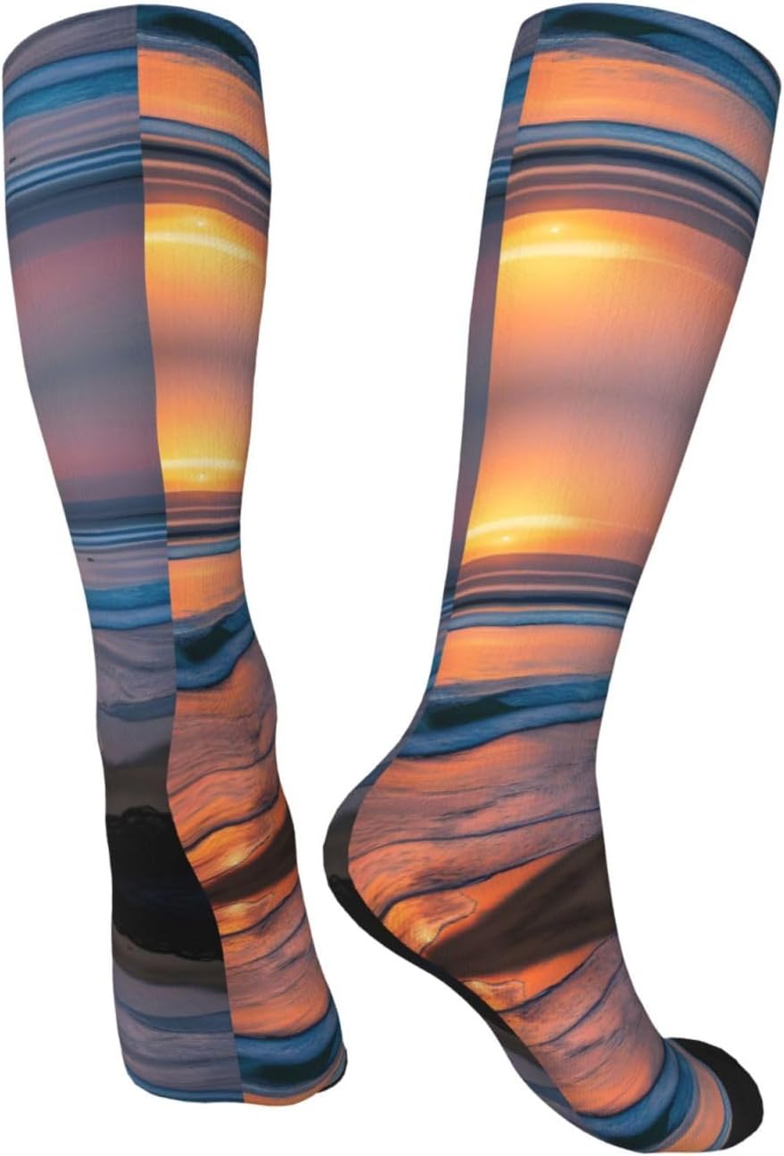 Sunset Beach Print Breathable Crew Neck Athletic High Socks,Suitable For Sports,Running,And Travel.