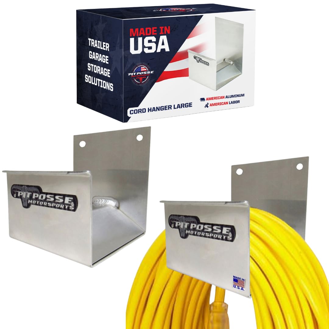 Pit Posse 463 Cord Hose Hanger Organizer for Enclosed Race Trailer Garage Shop - Made in USA - Aluminum Wall Holder Hook Storage Shelf 4.5 x 5 x 5-5