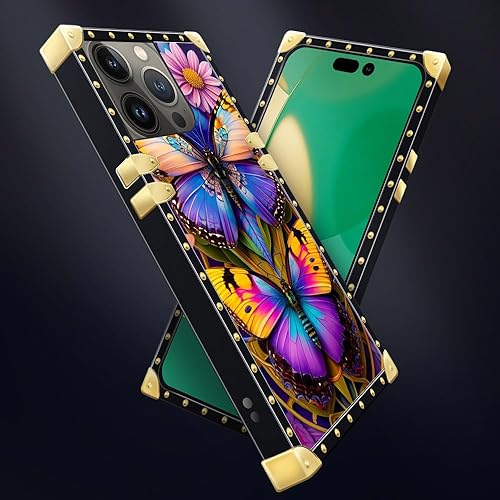Miniatura 6 de Funda cuadrada compatible con iPhone 15 Pro Max (6.7 pulgadas), hermosa mariposa Flosers dorada, de lujo, suave TPU duro, parte trasera de