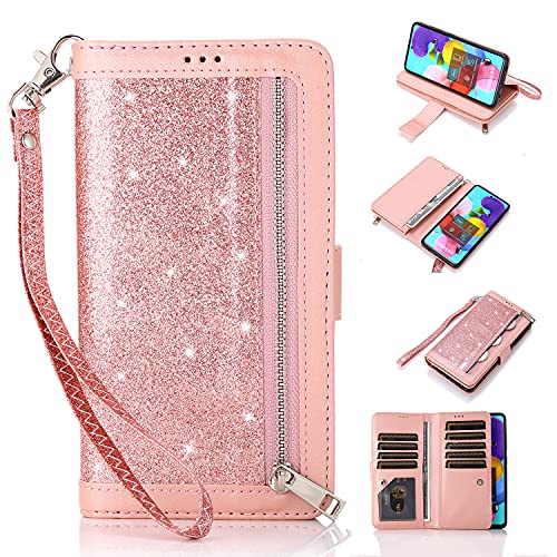 EYZUTAK Wallet Case for Samsung Galaxy A51,Magnetic Handbag Zipper Pocket PU Leather Flip with 9 Card Slots and Wrist Strap Folio TPU Inner Stand Case for Samsung Galaxy A51 - Rose Gold