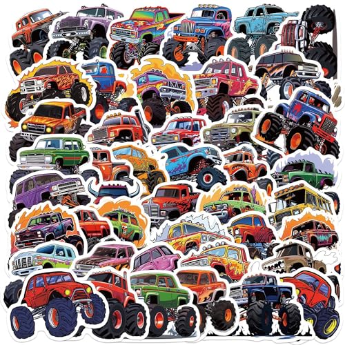50 PCS Monster Truck Stickers for Teens Adults Vinyl Water Bottles Waterproof Sticker for Laptop Guitar Scrapbook Skateboard Party Favors Birthday Decorations