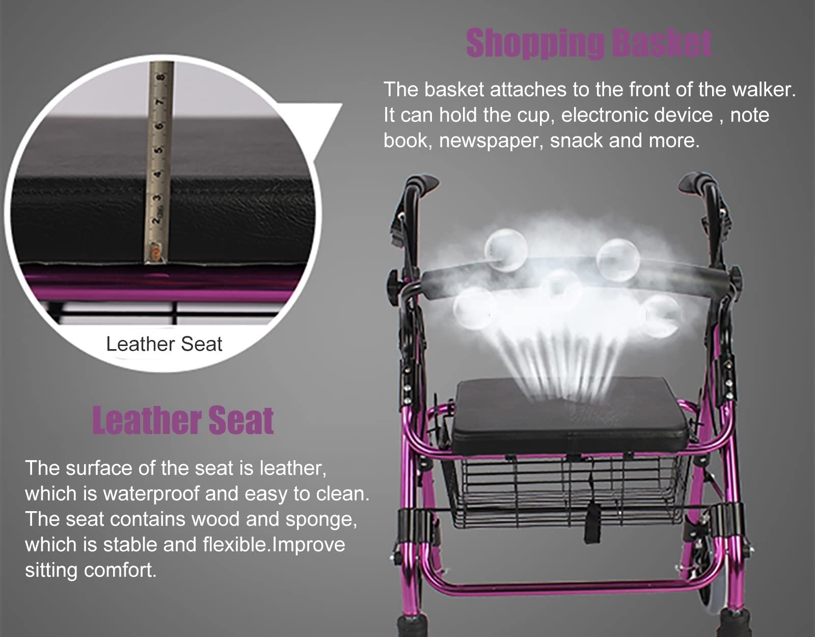 Andador Plegable con Ruedas, Altura Ajustable (150-185 cm), Capacidad de 100 kg, Cesta de Almacenamiento con Asiento, Frenos, Ruedas de 4 Pulgadas, Color Morado.