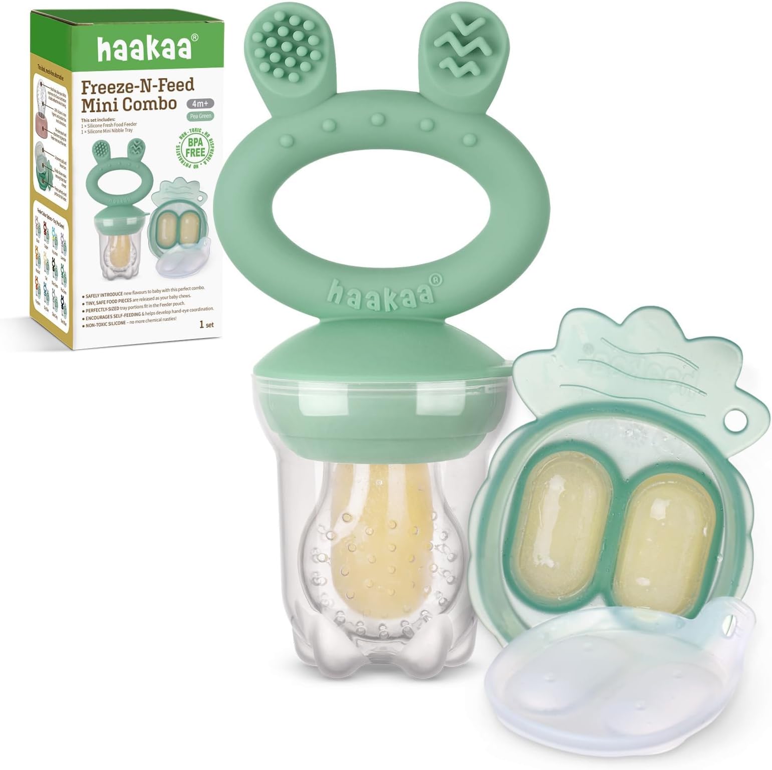 Baby Fruit Food Feeder & Mini Freezer Nibble Tray Combo, Breastmilk Popsicle Molds for Cooling Relief, BPA Free Silicone Feeder for Safe Infant Self Feeding, 4 Month+ (Pea Green)