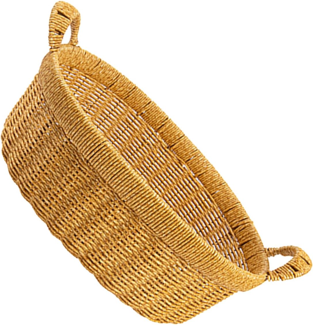 FRCOLOR Oval Large Deep Handwoven Snack Storage Basket with Handles, Imitation Rattan Plastic Fruit and Bread Tray for Kitchen Organizer and Outdoor Picnic Serving