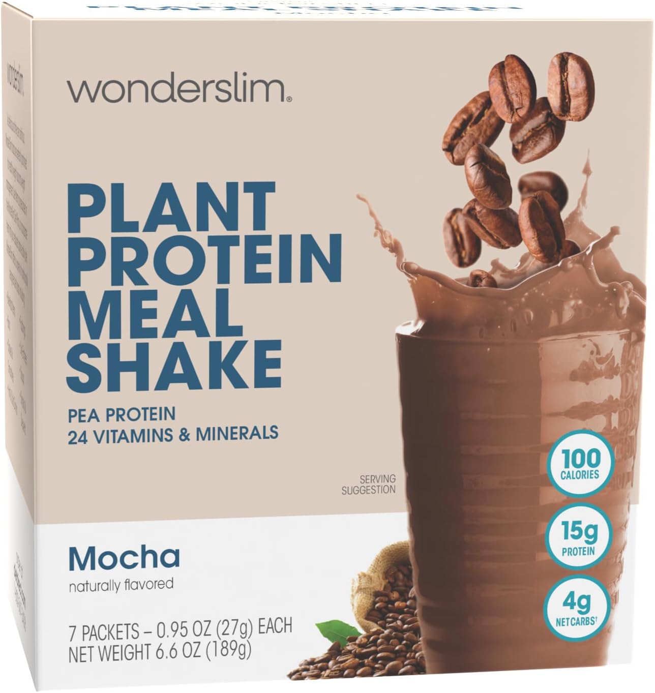 WonderSlim Plant Based Meal Replacement Shake, Mocha, 15g Protein, Keto Friendly & Low Carb, Low Sugar, Gluten, Soy, & Dairy Free (7ct)