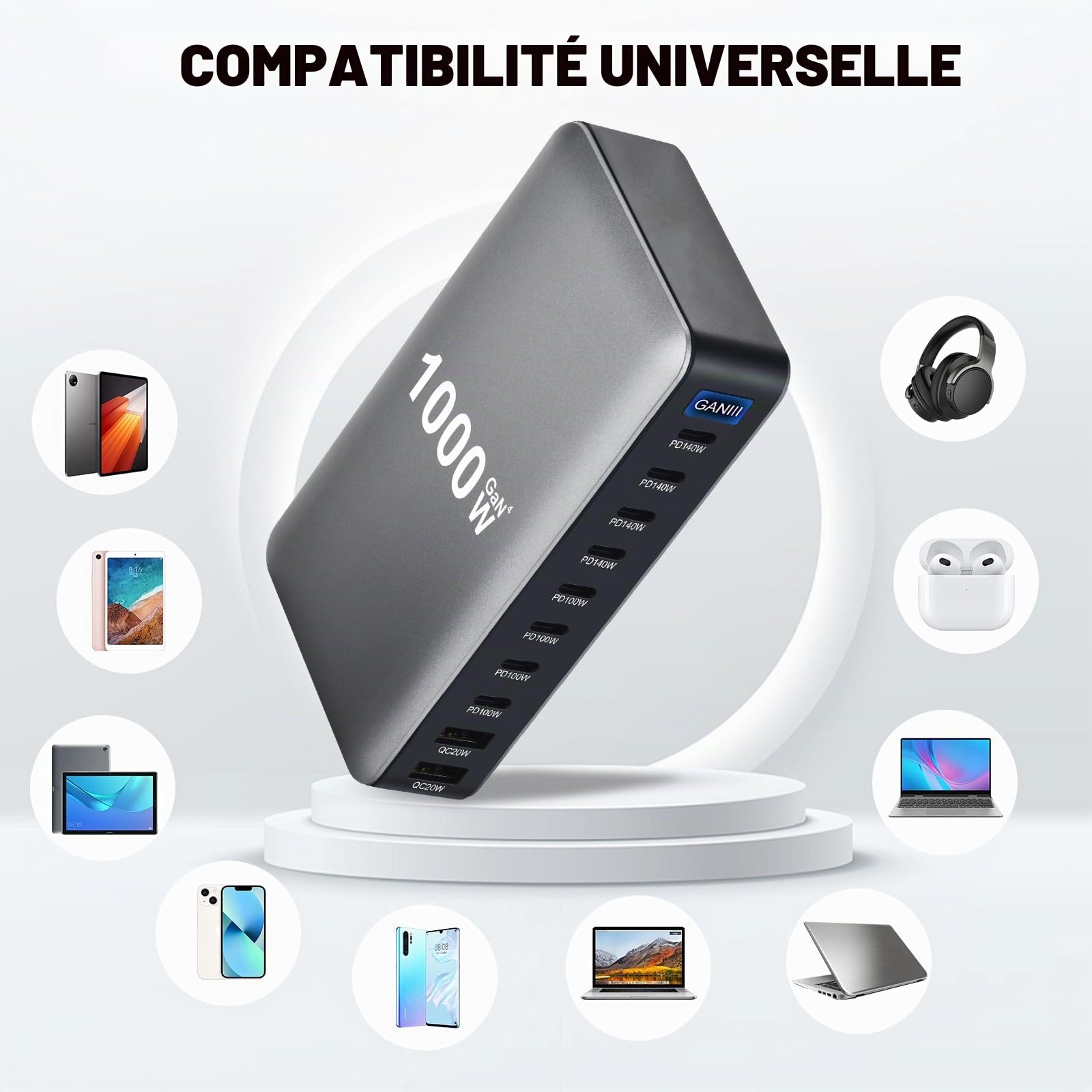 1000W Station de Charge - Chargeur Rapide à 10 Ports avec 8 Ports USB C + 2 Ports USB A, Caricatore USB Multiplo Compatible avec MacBook, iPad, iPhone séries 16/15/14, Galaxy S22/ S20, Dell, HP