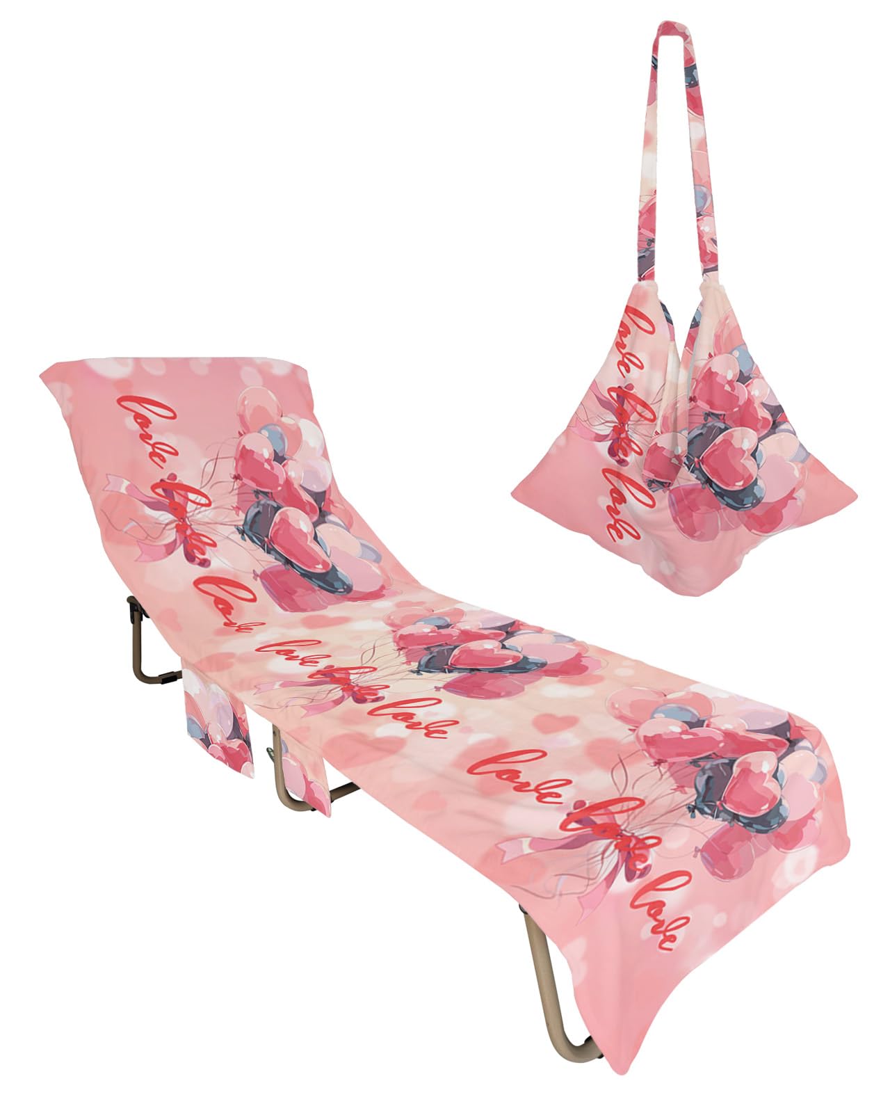 Love Heart Valentine's Day Beach Lounge Chair Towel Cover, Soft Chaise Lounge Towel with Side Pockets Patio Pool Chairs Cover for Beach/Pool Sunbathing 29x85 Pink Red Grey Love Heart Balloon