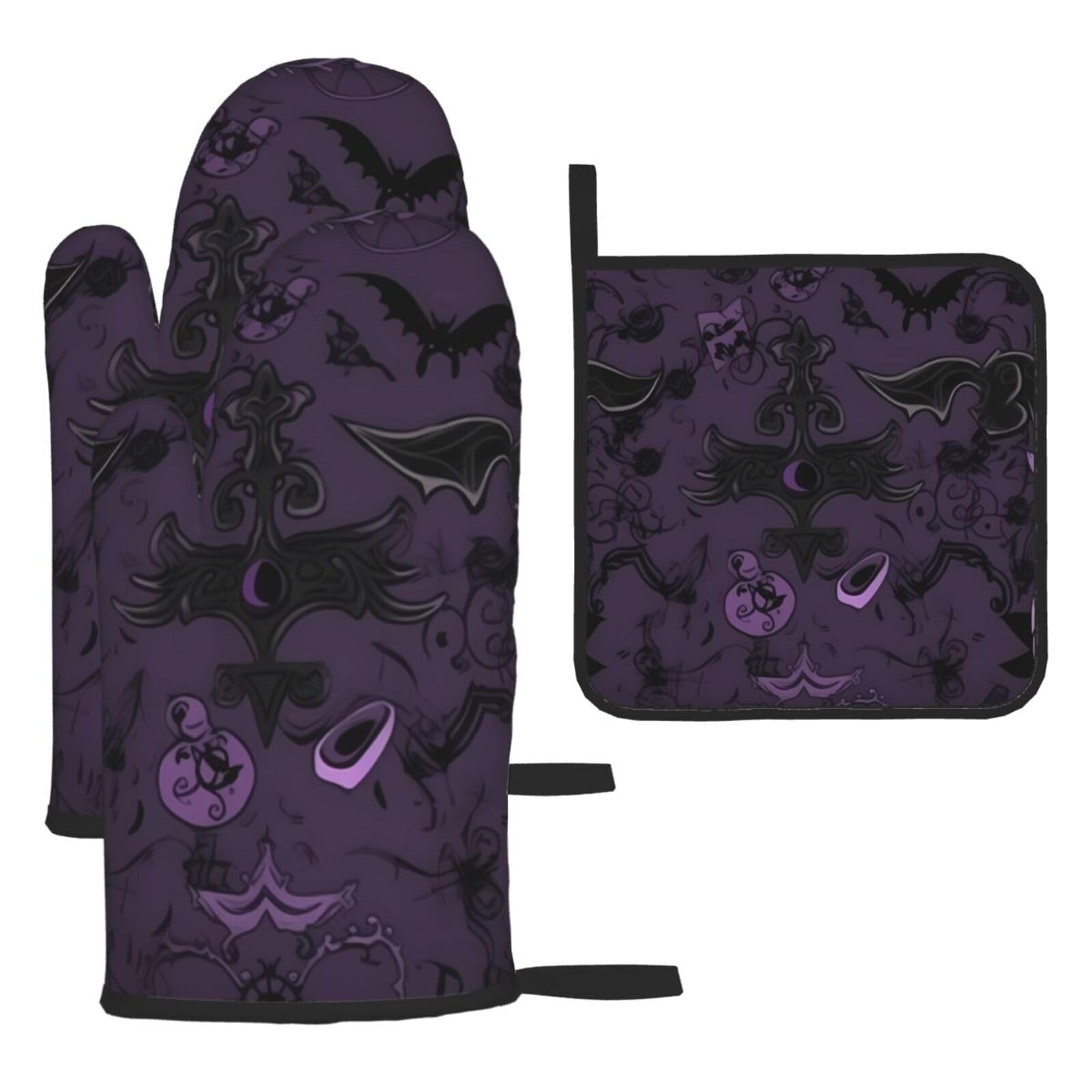 Rldobofe Purple Black Goth Spooky Oven Mitts And Pot Holders 3 Pcs Set Cooking Glove Oven Mitt Heat Resistant Oven Glove For Cooking Kitchen Oven Gloves Non-Slip Oven Mittens For Microwave Baking Bbq
