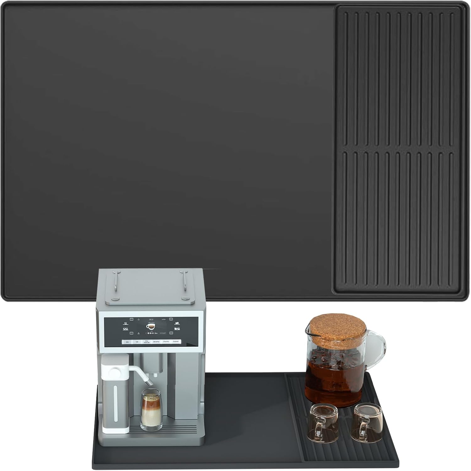 Coffee Mat,Silicone Coffee Bar Mat,61x40.5cm Large Mat underCoffee Machines, Multi-Functional Base Mat with Raised Edges Stackable (Black)