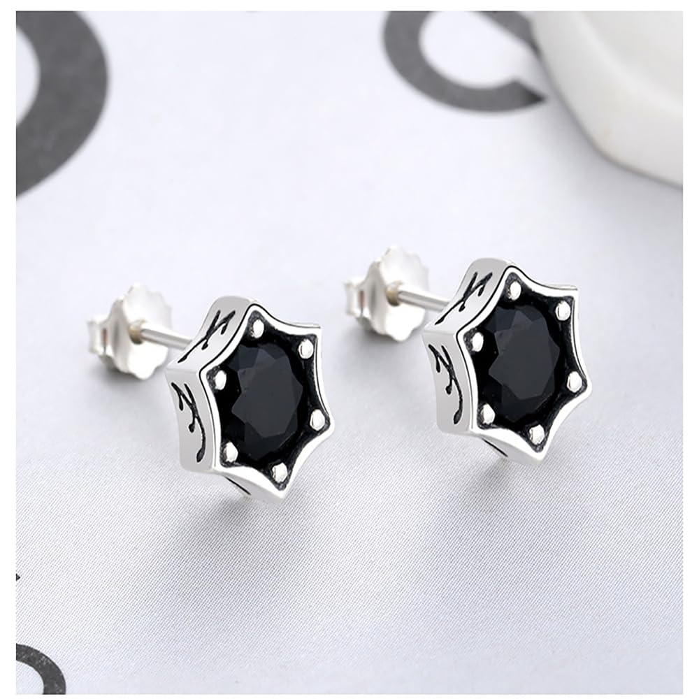 Sechseckige Stern-Ohrstecker aus Silber mit schwarzen Diamanten, Sterling-Zirkonia-Ohrringe für Damen/Herren, 8 mm