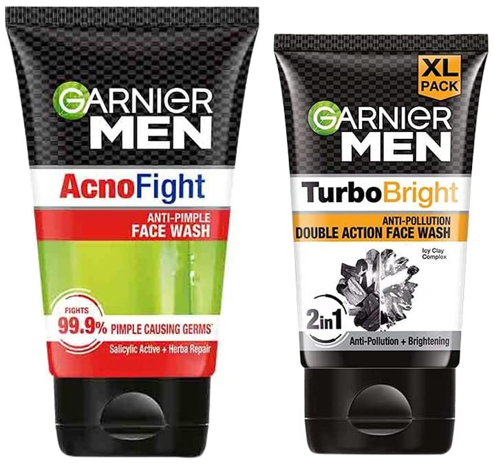 Image of Garnier Men, Face Wash, Brightening & Anti-Pollution, TurboBright Double Action, 150 g & Garnier Men, Anti-Pimple Face Wash, Repairs Skin & Balances Oils, AcnoFight, 100 g