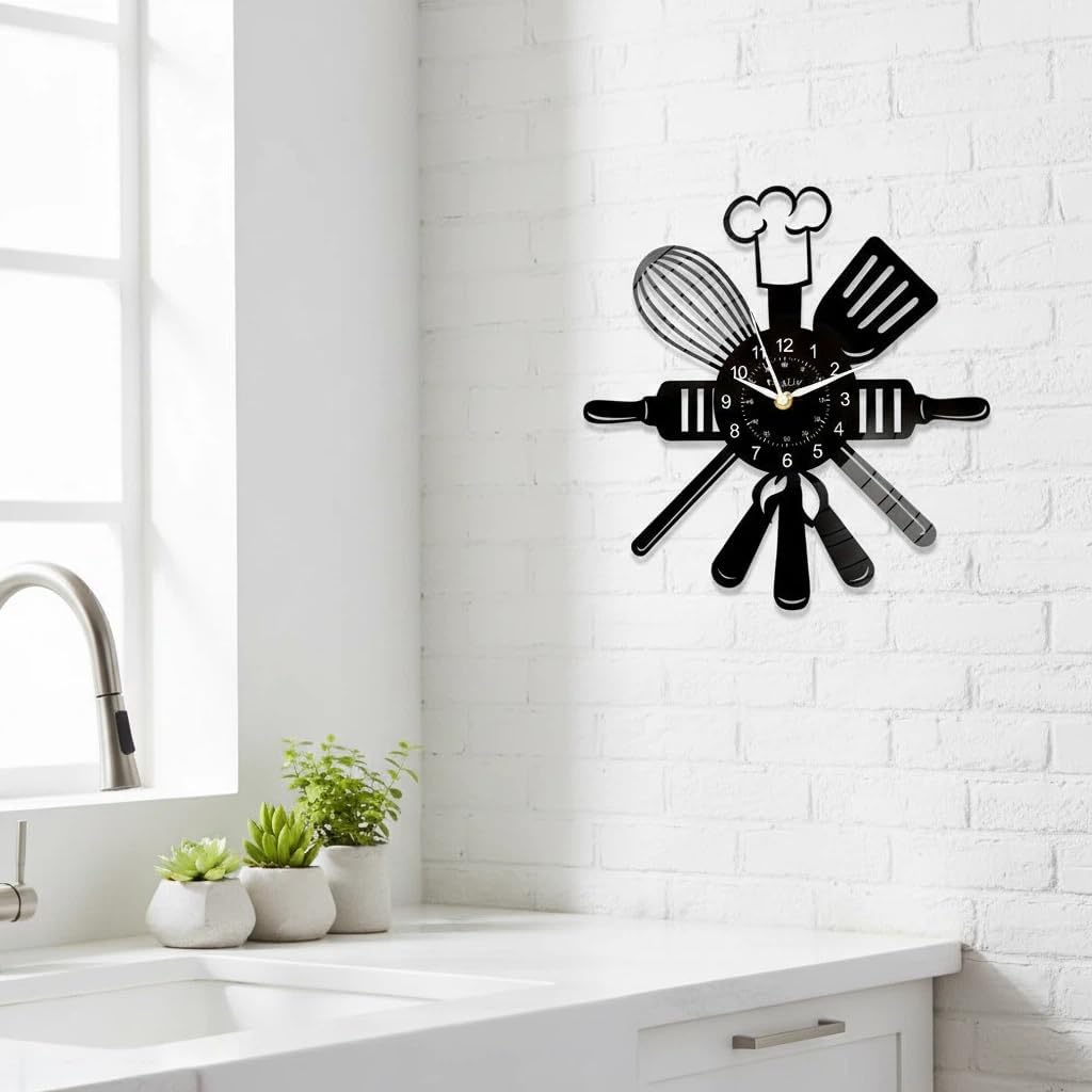 for Kitchen Lovers: 12 Inch Silent Wall Clock, Fun Themed Decor for Holiday Cooking & Family Gatherings, Non-Ticking, Ideal for Kitchen, Dining Room (Black)