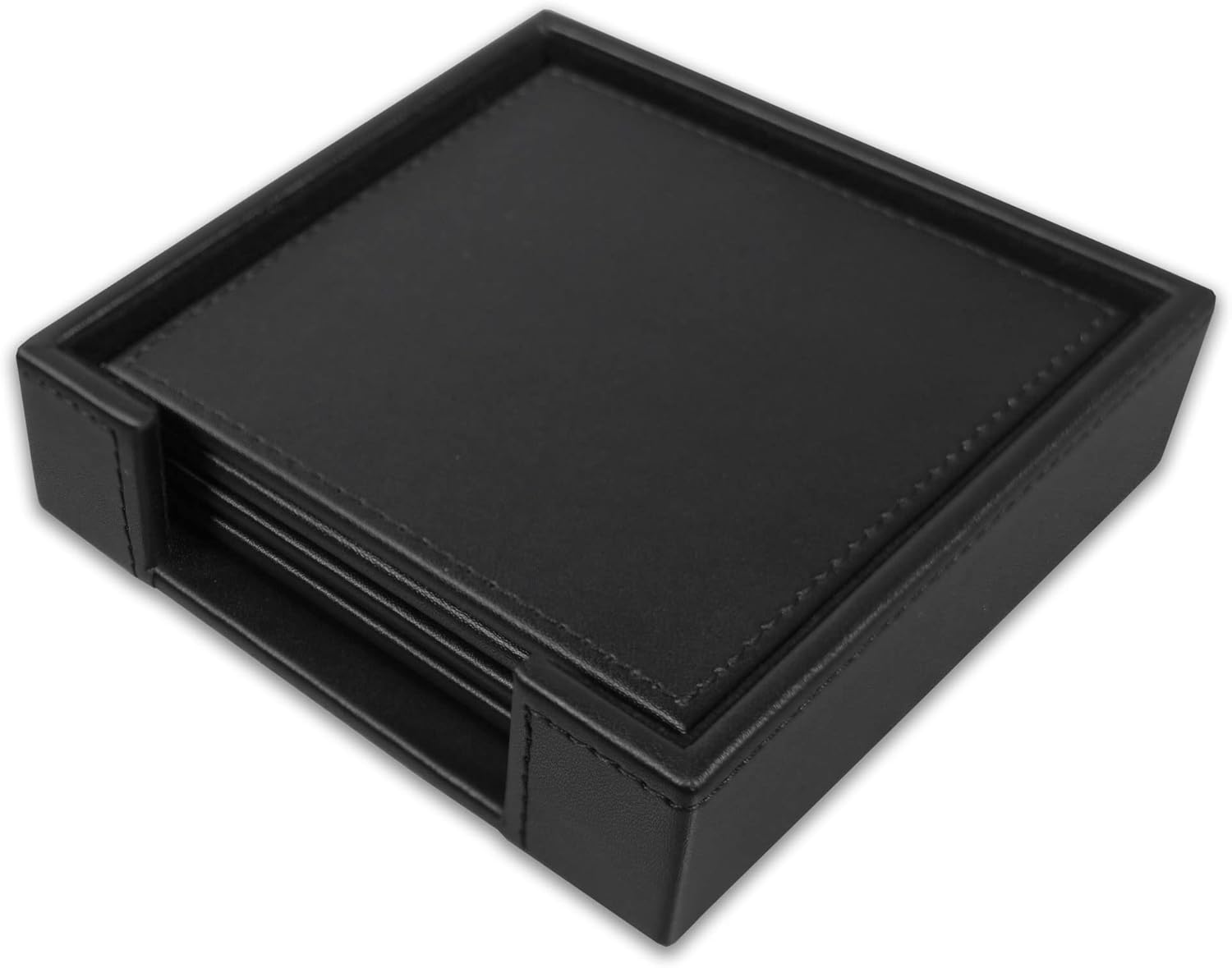 Black Leatherette 4 Square Coaster Set with Stitched Edging and Holder