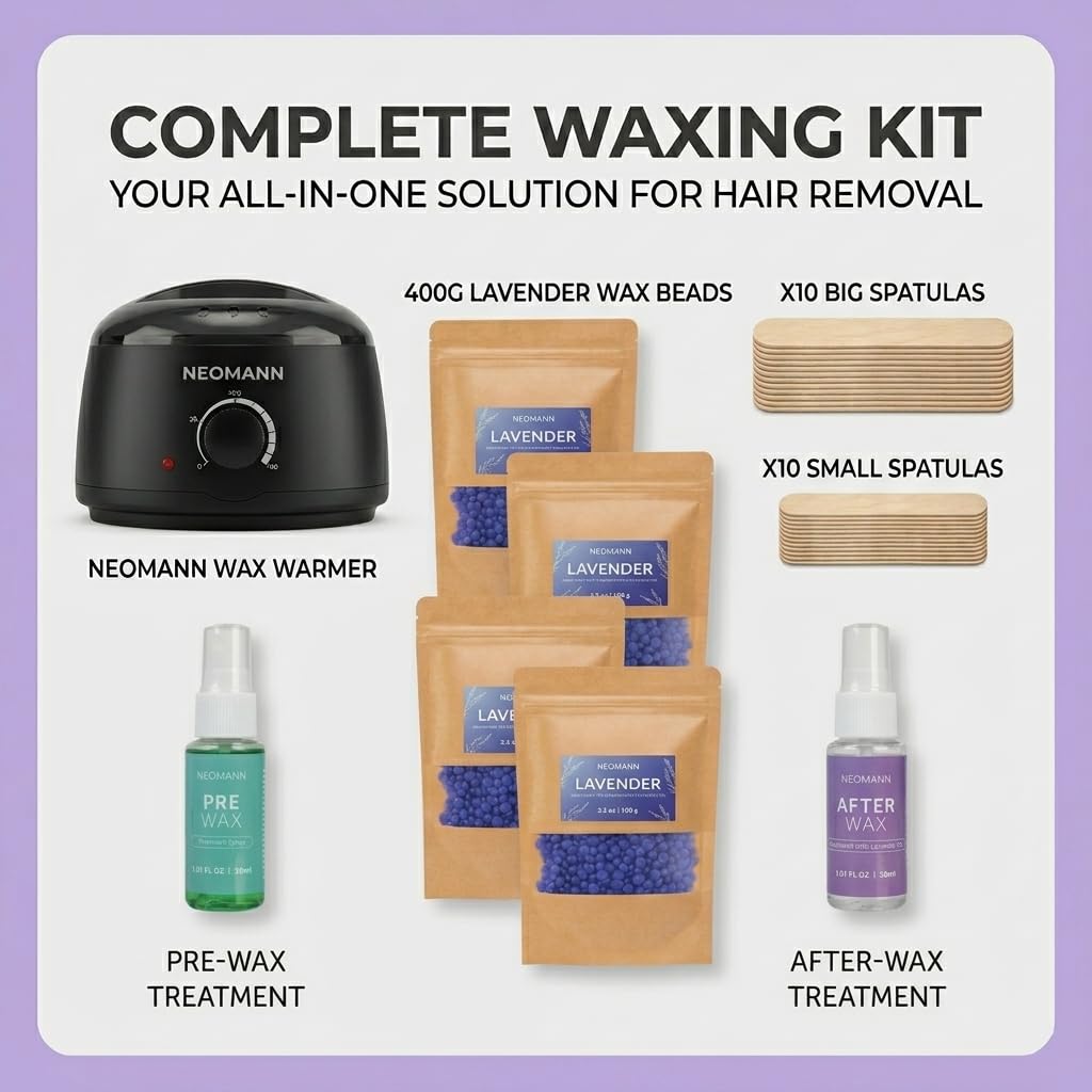 Waxer II LAV Kit Ceretta Brasiliana Professionale | Scaldacera Nero con Pentolino Antiaderente, 400g Perle di Cera alla Lavanda, Spray Pre e Post Epilazione e 20 Spatole