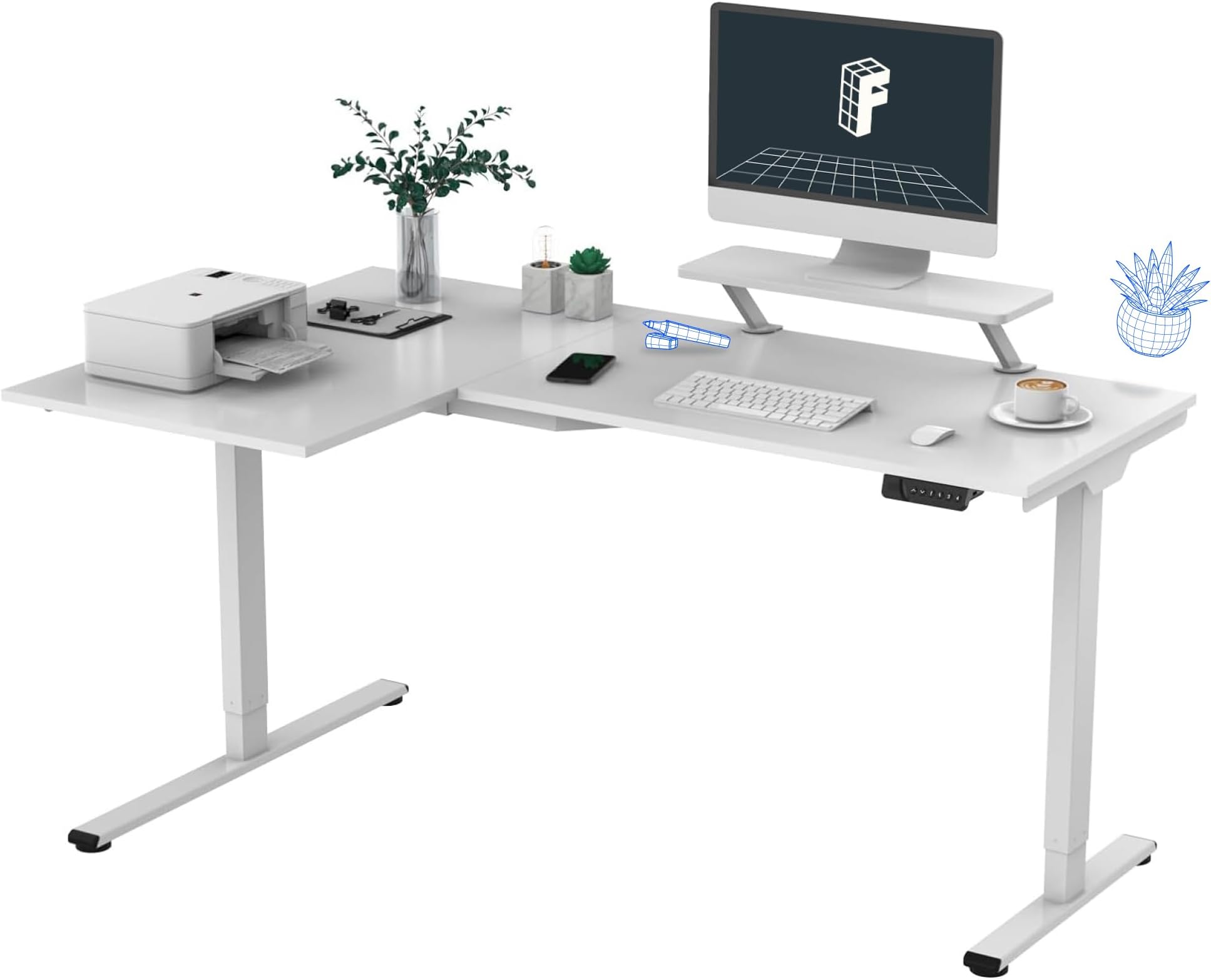 FLEXISPOT L Shaped Standing Desk Electric Corner Gaming Table with Monitor Shelf, Dual Motors, USB Charging Port, Adjustable Computer Workstation for Home, Office, Gamer, Studio, 63x40in White