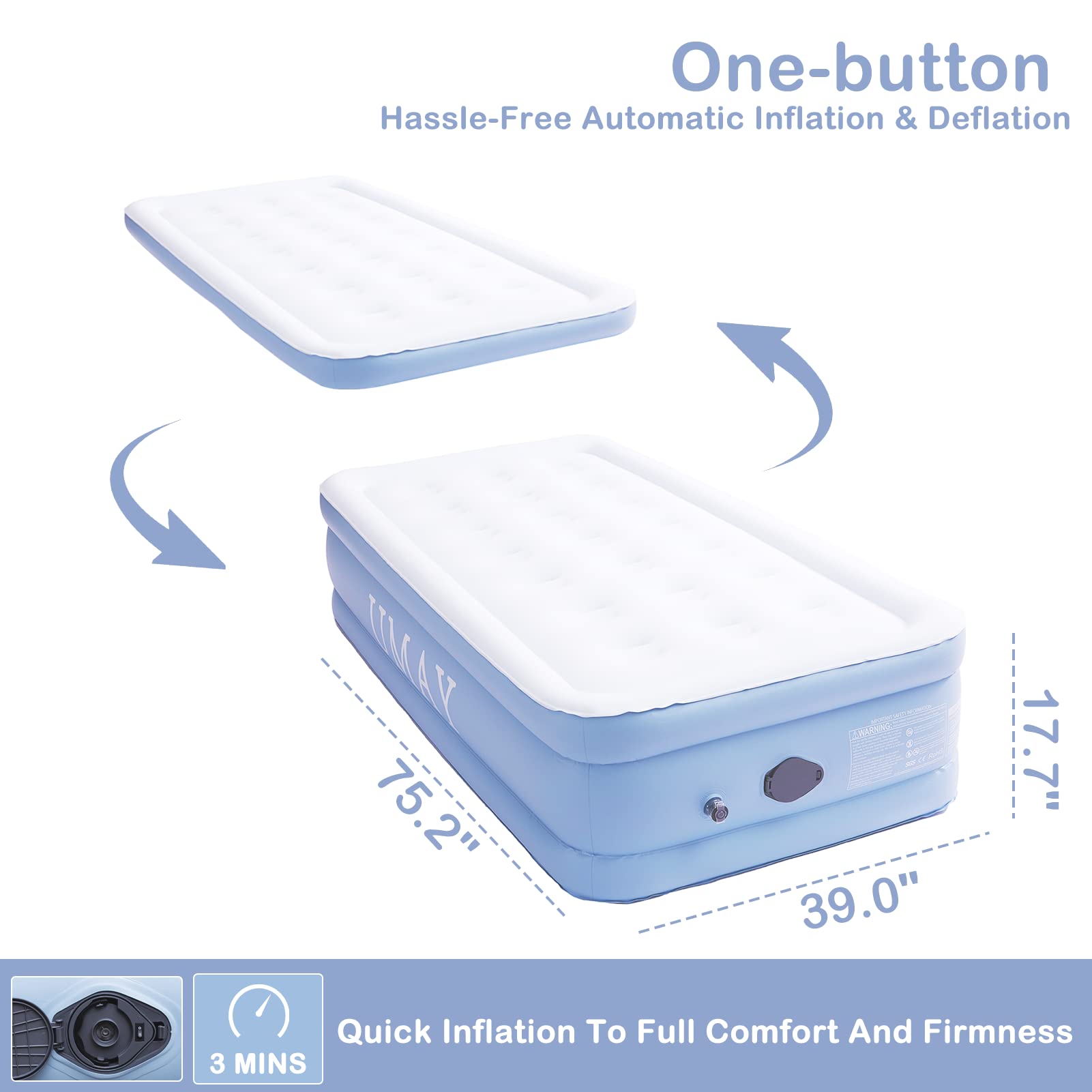 UMAY Twin Air Mattress with Built in Pump, 18" Elevated Durable Air Mattresses for Camping, Home & Guests or Guests, Twin Blow Up Mattress, Portable (Blue)