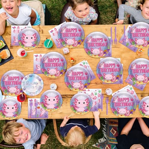Image of 100 Pcs Axolotl Birthday Party Supplies Pink Axolotl Disposable Paper Plates Forks Tableware Sets Cute Cartoon Reptile Animals Happy Birthday Decorations for Kids Girls Baby Shower Serve 25 Guests