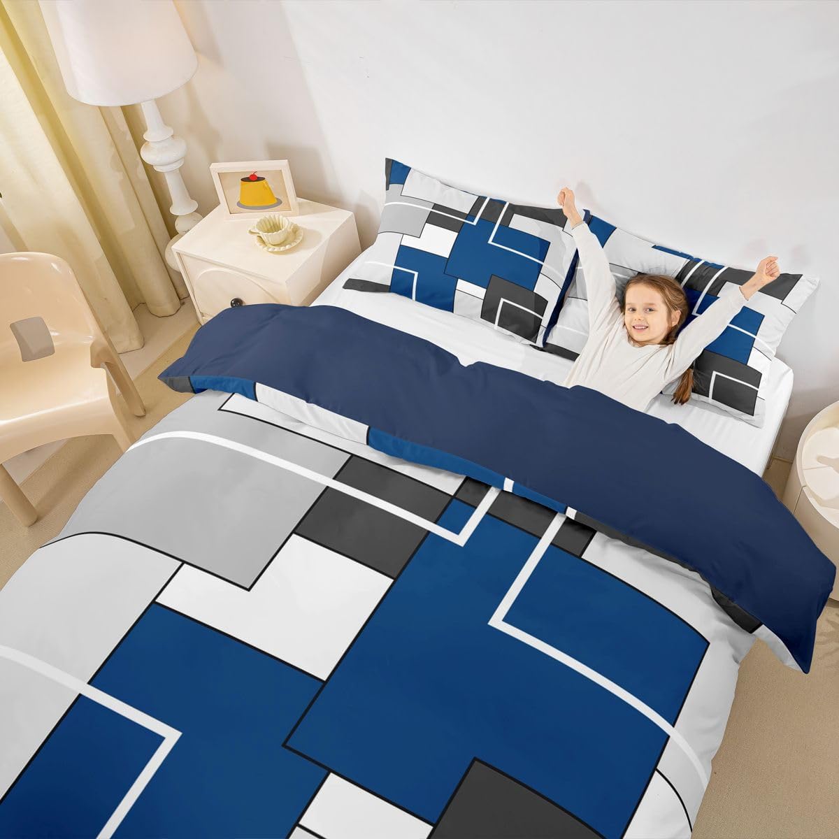 Erosebridal Navy Blue Geometric Duvet Cover King Size for Boys Girls