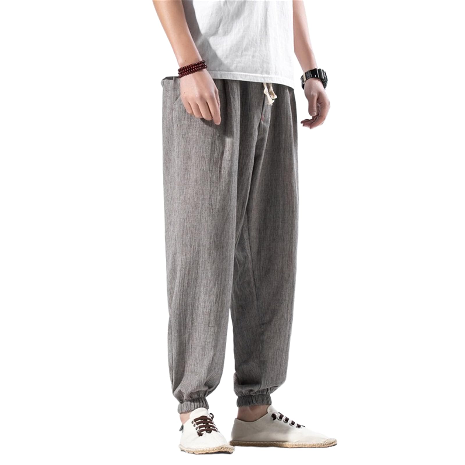 Stile Cinese Pantaloni in Lino Uomo, con Polsini Casual Estate Pantaloni da Spiaggia