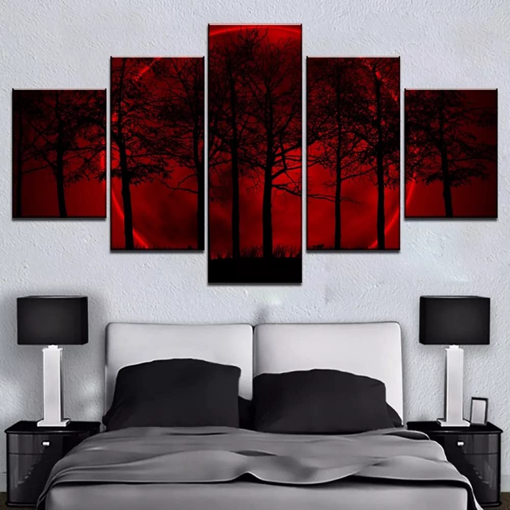 FZSWD Framed 5 Piece Canvas Art Red Moon Tree Forest Decoracion Paintings on Canvas Wall Art for Home Decorations Wall Decor